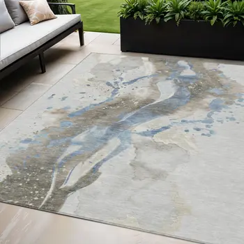 5' X 8' Taupe And Blue Abstract Washable Indoor Outdoor Area Rug