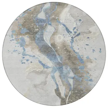 8' Taupe And Blue Round Abstract Washable Indoor Outdoor Area Rug
