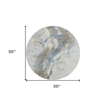 8' Taupe And Blue Round Abstract Washable Indoor Outdoor Area Rug