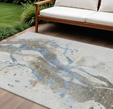 10' X 14' Taupe And Blue Abstract Washable Indoor Outdoor Area Rug