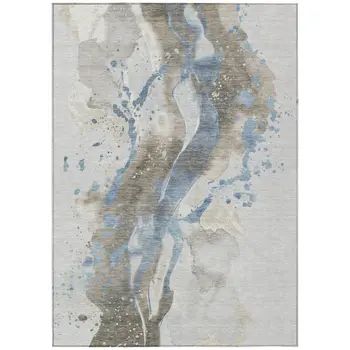 10' X 14' Taupe And Blue Abstract Washable Indoor Outdoor Area Rug