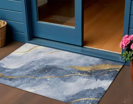 3' X 5' Blue And Gold Abstract Washable Indoor Outdoor Area Rug