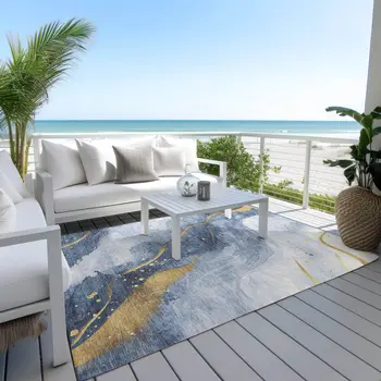 3' X 5' Blue And Gold Abstract Washable Indoor Outdoor Area Rug