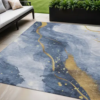 5' X 8' Blue And Gold Abstract Washable Indoor Outdoor Area Rug