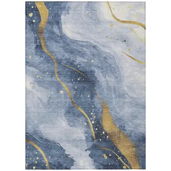5' X 8' Blue And Gold Abstract Washable Indoor Outdoor Area Rug