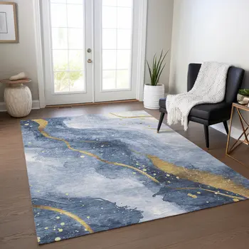 5' X 8' Blue And Gold Abstract Washable Indoor Outdoor Area Rug