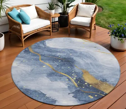 8' Blue And Gold Round Abstract Washable Indoor Outdoor Area Rug