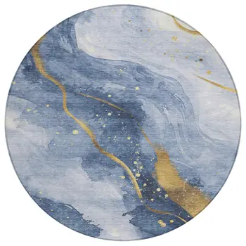 8' Blue And Gold Round Abstract Washable Indoor Outdoor Area Rug
