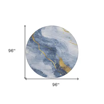 8' Blue And Gold Round Abstract Washable Indoor Outdoor Area Rug