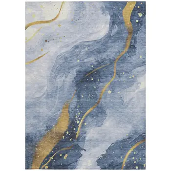8' X 10' Blue And Gold Abstract Washable Indoor Outdoor Area Rug