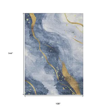 9' X 12' Blue And Gold Abstract Washable Indoor Outdoor Area Rug