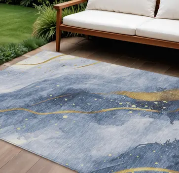 9' X 12' Blue And Gold Abstract Washable Indoor Outdoor Area Rug