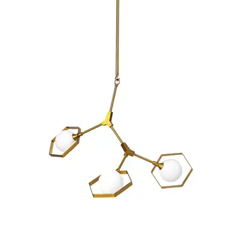 Brass Unique Statement Three Light Metal and Glass Dimmable Chandelier With White Shades