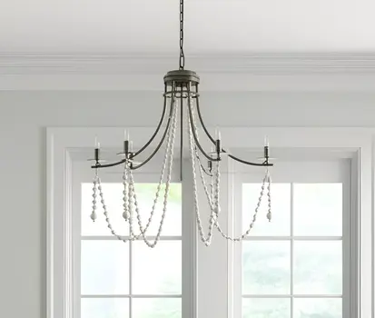 White And Silver Candle Style Six Light Metal and Beads Dimmable Chandelier
