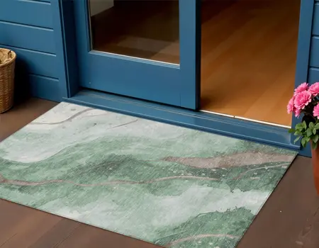 3' X 5' Green And Taupe Abstract Washable Indoor Outdoor Area Rug