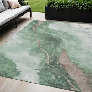 5' X 8' Green And Taupe Abstract Washable Indoor Outdoor Area Rug