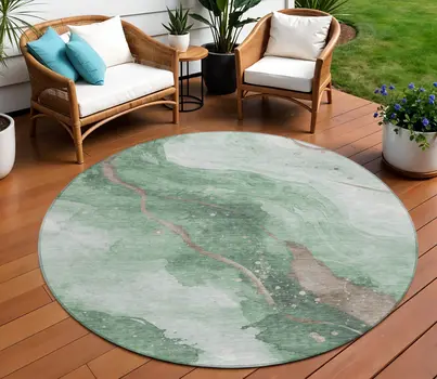 8' Green And Taupe Round Abstract Washable Indoor Outdoor Area Rug