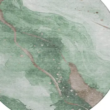 8' Green And Taupe Round Abstract Washable Indoor Outdoor Area Rug