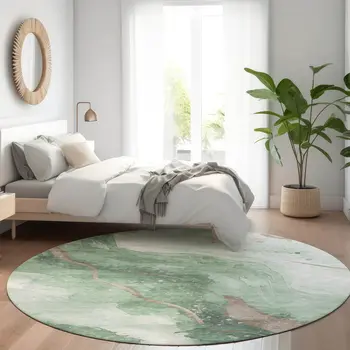 8' Green And Taupe Round Abstract Washable Indoor Outdoor Area Rug