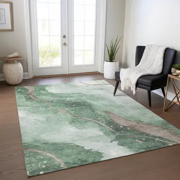 8' X 10' Green And Taupe Abstract Washable Indoor Outdoor Area Rug