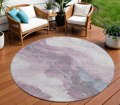 8' Lavender And Denim Blue Round Abstract Washable Indoor Outdoor Area Rug