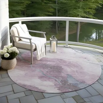 8' Lavender And Denim Blue Round Abstract Washable Indoor Outdoor Area Rug