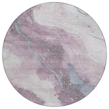 8' Lavender And Denim Blue Round Abstract Washable Indoor Outdoor Area Rug