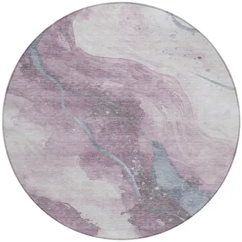 8' Lavender And Denim Blue Round Abstract Washable Indoor Outdoor Area Rug