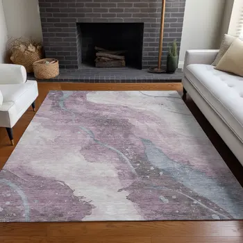 8' X 10' Lavender And Denim Blue Abstract Washable Indoor Outdoor Area Rug