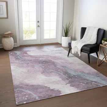 9' X 12' Lavender And Denim Blue Abstract Washable Indoor Outdoor Area Rug