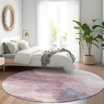 8' Mauve And Pink Round Abstract Washable Indoor Outdoor Area Rug