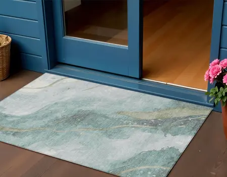 3' X 5' Teal Blue And Aqua Abstract Washable Indoor Outdoor Area Rug