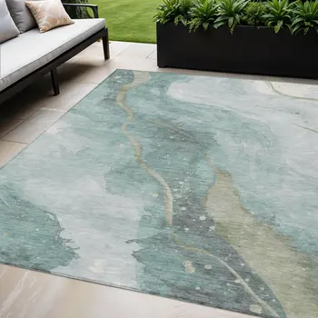5' X 8' Teal Blue And Aqua Abstract Washable Indoor Outdoor Area Rug