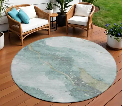 8' Teal Blue And Aqua Round Abstract Washable Indoor Outdoor Area Rug