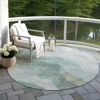8' Teal Blue And Aqua Round Abstract Washable Indoor Outdoor Area Rug