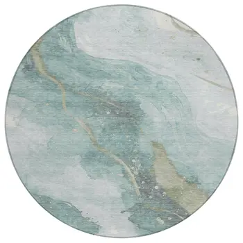 8' Teal Blue And Aqua Round Abstract Washable Indoor Outdoor Area Rug