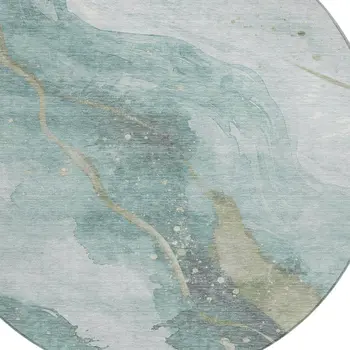 8' Teal Blue And Aqua Round Abstract Washable Indoor Outdoor Area Rug