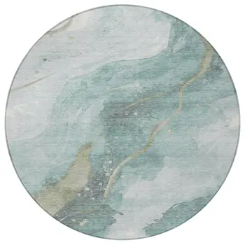8' Teal Blue And Aqua Round Abstract Washable Indoor Outdoor Area Rug