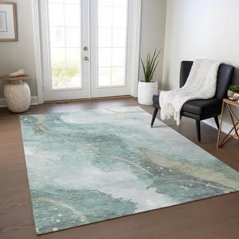 8' X 10' Teal Blue And Aqua Abstract Washable Indoor Outdoor Area Rug