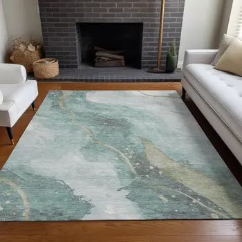 8' X 10' Teal Blue And Aqua Abstract Washable Indoor Outdoor Area Rug