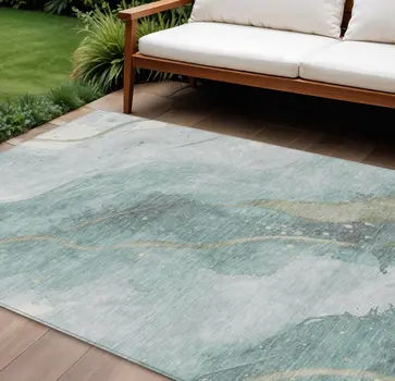 9' X 12' Teal Blue And Aqua Abstract Washable Indoor Outdoor Area Rug
