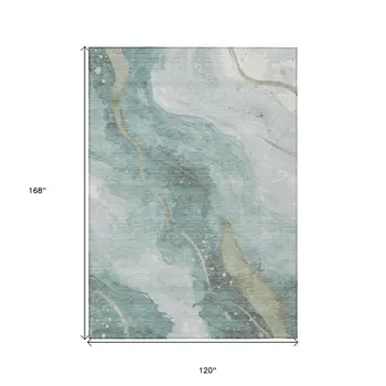10' X 14' Teal Blue And Aqua Abstract Washable Indoor Outdoor Area Rug