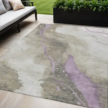 5' X 8' Taupe And Lavender Abstract Washable Indoor Outdoor Area Rug