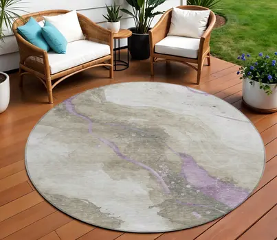 8' Taupe And Lavender Round Abstract Washable Indoor Outdoor Area Rug