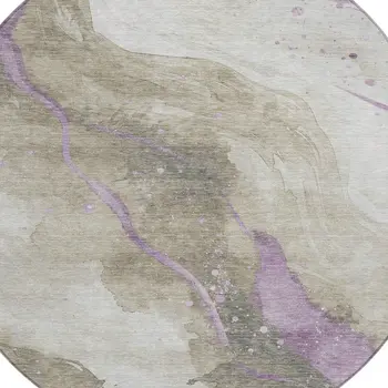 8' Taupe And Lavender Round Abstract Washable Indoor Outdoor Area Rug