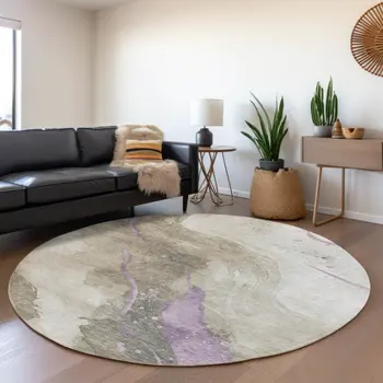 8' Taupe And Lavender Round Abstract Washable Indoor Outdoor Area Rug