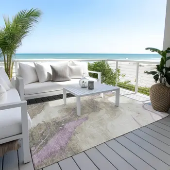 9' X 12' Taupe And Lavender Abstract Washable Indoor Outdoor Area Rug
