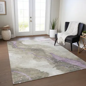 9' X 12' Taupe And Lavender Abstract Washable Indoor Outdoor Area Rug