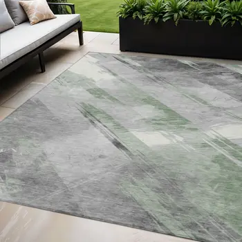 5' X 8' Artichoke Green And Gray Striped Washable Indoor Outdoor Area Rug