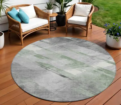 8' Artichoke Green And Gray Round Striped Washable Indoor Outdoor Area Rug